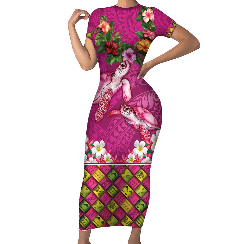 Hawaiian Lei Turtle and Plumeria Family Matching Short Sleeve Bodycon Dress and Hawaiian Shirt Polynerian Art Tattoo-Plum Pink Color LT03 Mom's Dress Pink - Polynesian Pride