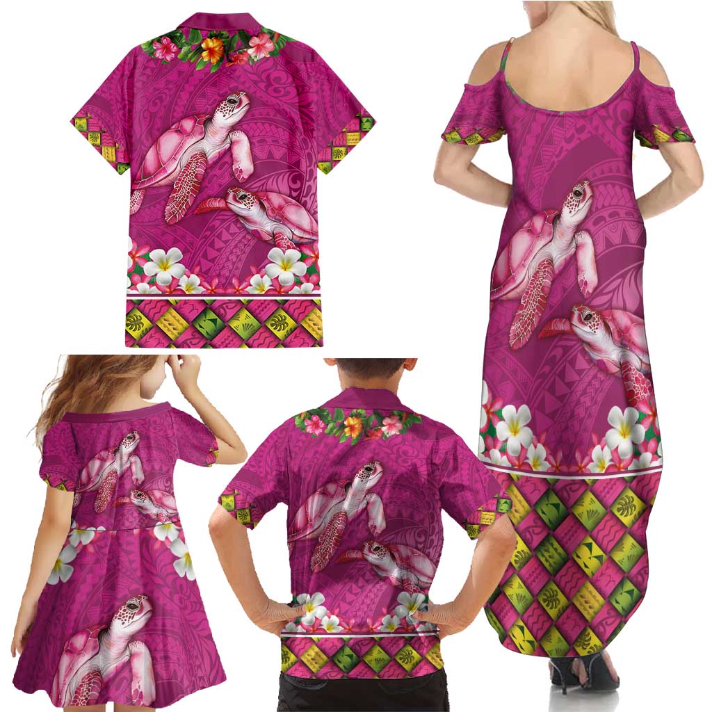 Hawaiian Lei Turtle and Plumeria Family Matching Summer Maxi Dress and Hawaiian Shirt Polynerian Art Tattoo-Plum Pink Color LT03 - Polynesian Pride