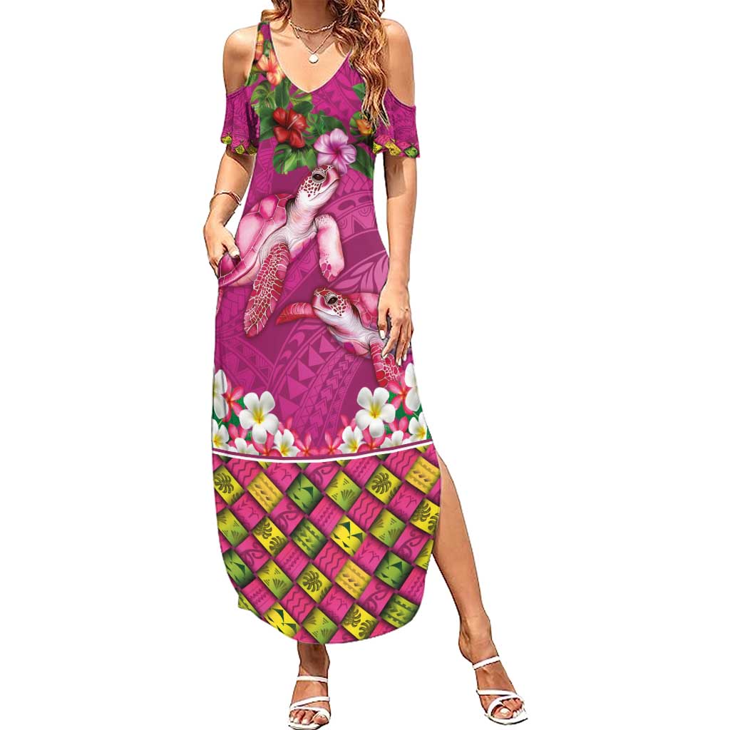 Hawaiian Lei Turtle and Plumeria Family Matching Summer Maxi Dress and Hawaiian Shirt Polynerian Art Tattoo-Plum Pink Color LT03 Mom's Dress Pink - Polynesian Pride