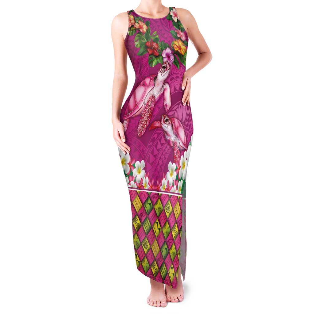 Hawaiian Lei Turtle and Plumeria Family Matching Tank Maxi Dress and Hawaiian Shirt Polynerian Art Tattoo-Plum Pink Color LT03 Mom's Dress Pink - Polynesian Pride
