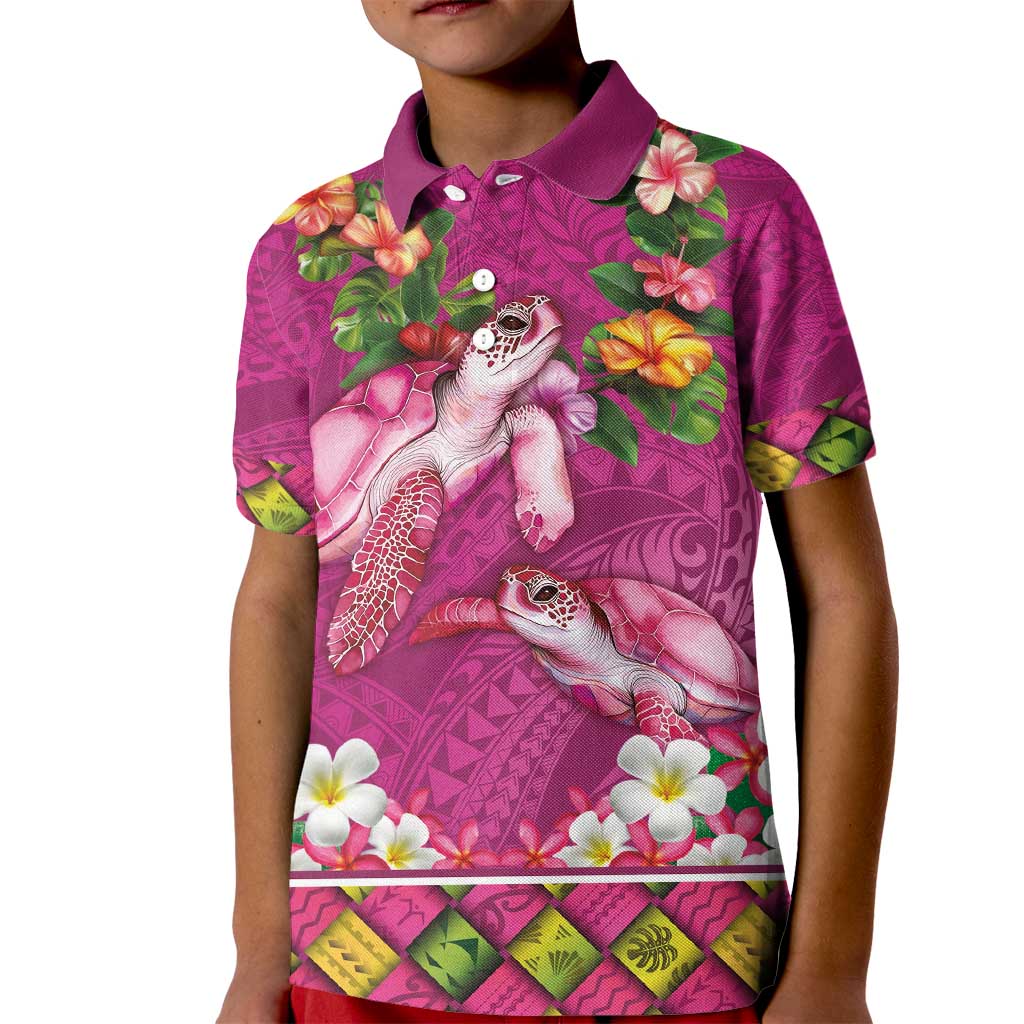 Hawaiian Lei Turtle and Plumeria Kid Polo Shirt Polynerian Art Tattoo-Plum Pink Color LT03 Kid Pink - Polynesian Pride