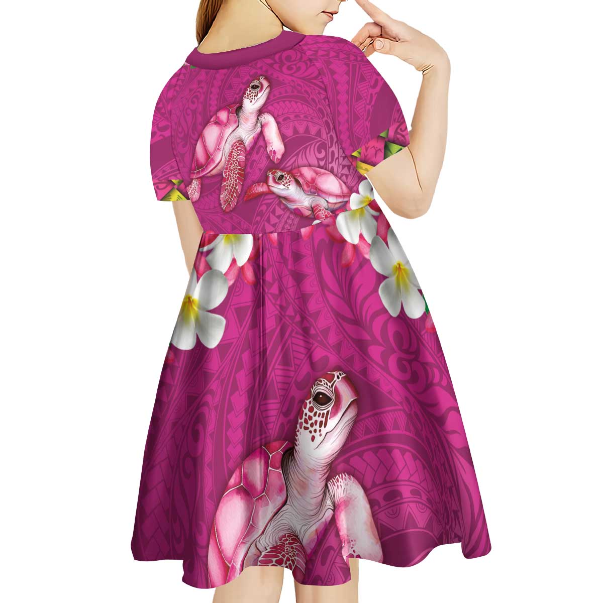 Hawaiian Lei Turtle and Plumeria Kid Short Sleeve Dress Polynerian Art Tattoo-Plum Pink Color LT03 - Polynesian Pride