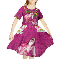 Hawaiian Lei Turtle and Plumeria Kid Short Sleeve Dress Polynerian Art Tattoo-Plum Pink Color LT03 - Polynesian Pride