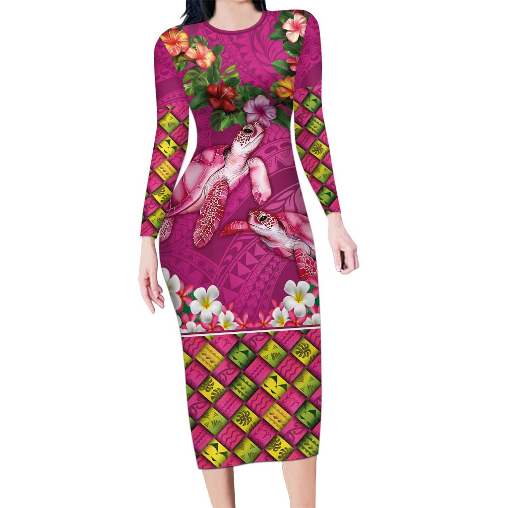 Hawaiian Lei Turtle and Plumeria Long Sleeve Bodycon Dress Polynerian Art Tattoo-Plum Pink Color LT03 Long Dress Pink - Polynesian Pride
