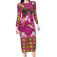Hawaiian Lei Turtle and Plumeria Long Sleeve Bodycon Dress Polynerian Art Tattoo-Plum Pink Color LT03 Long Dress Pink - Polynesian Pride