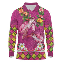 Hawaiian Lei Turtle and Plumeria Long Sleeve Polo Shirt Polynerian Art Tattoo-Plum Pink Color LT03 Pink - Polynesian Pride