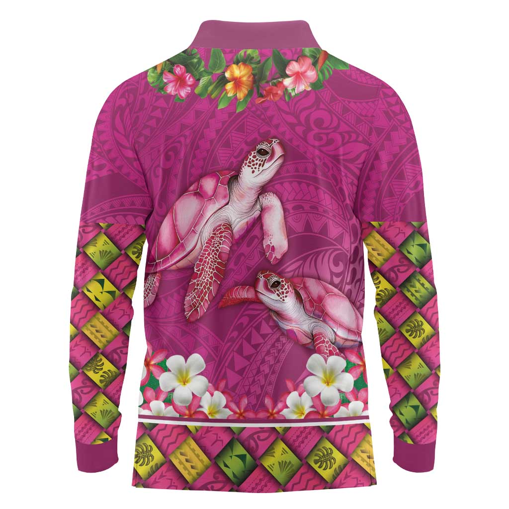 Hawaiian Lei Turtle and Plumeria Long Sleeve Polo Shirt Polynerian Art Tattoo-Plum Pink Color LT03 - Polynesian Pride