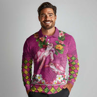 Hawaiian Lei Turtle and Plumeria Long Sleeve Polo Shirt Polynerian Art Tattoo-Plum Pink Color LT03 - Polynesian Pride