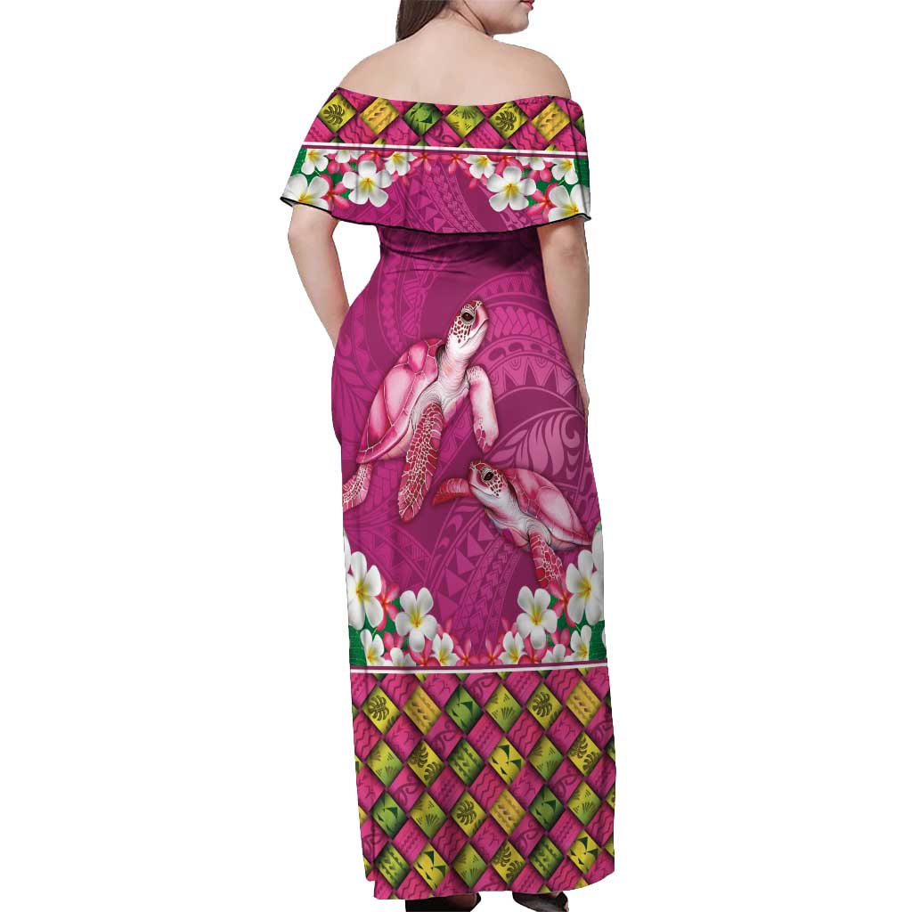 Hawaiian Lei Turtle and Plumeria Off Shoulder Maxi Dress Polynerian Art Tattoo-Plum Pink Color LT03 - Polynesian Pride