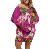 Hawaiian Lei Turtle and Plumeria Off Shoulder Short Dress Polynerian Art Tattoo-Plum Pink Color LT03 Women Pink - Polynesian Pride