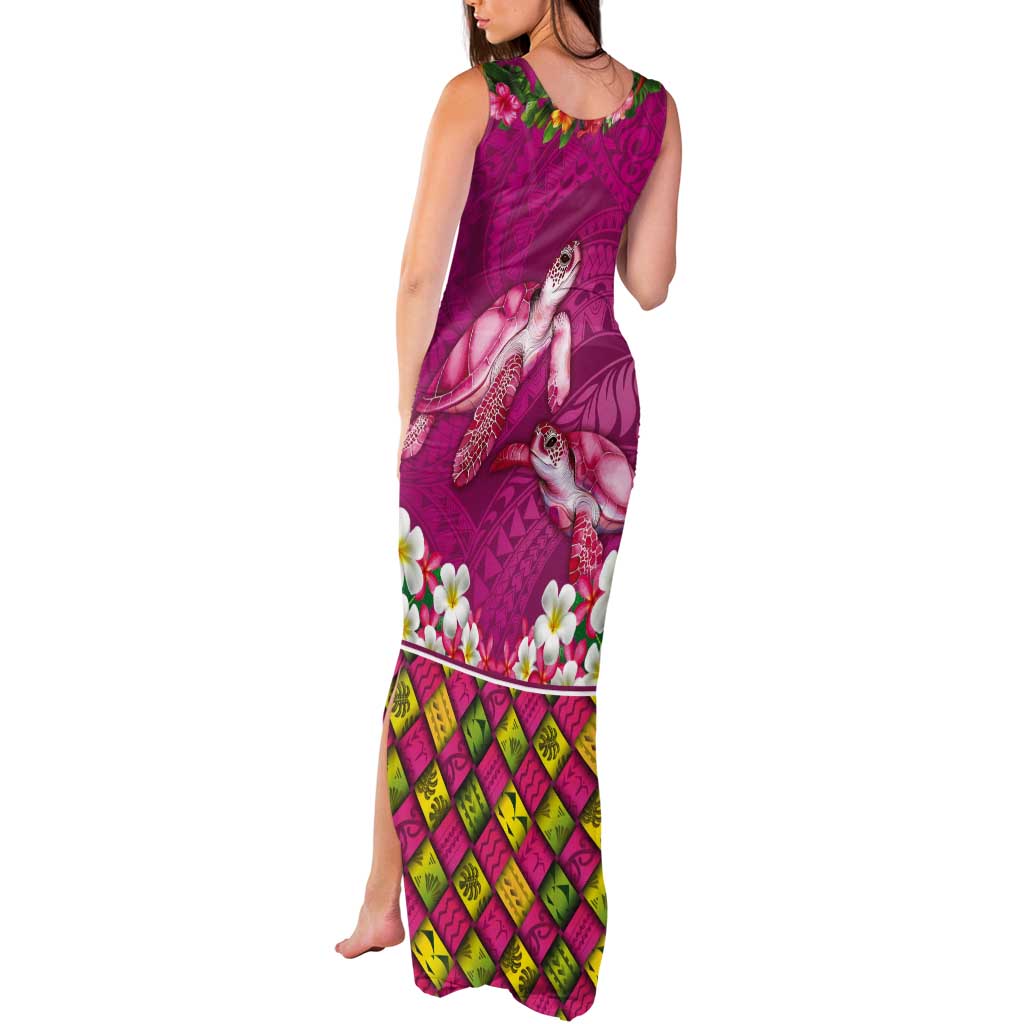 Hawaiian Lei Turtle and Plumeria Tank Maxi Dress Polynerian Art Tattoo-Plum Pink Color LT03 - Polynesian Pride