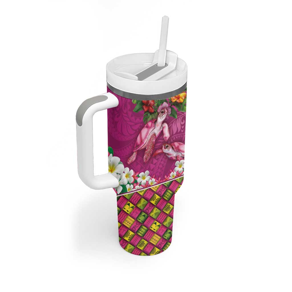 Hawaiian Lei Turtle and Plumeria Tumbler With Handle Polynerian Art Tattoo-Plum Pink Color
