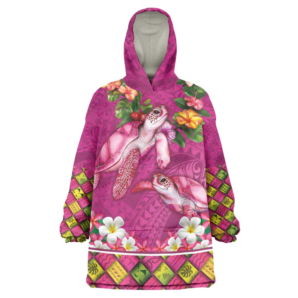 Hawaiian Lei Turtle and Plumeria Wearable Blanket Hoodie Polynerian Art Tattoo-Plum Pink Color LT03 One Size Pink - Polynesian Pride