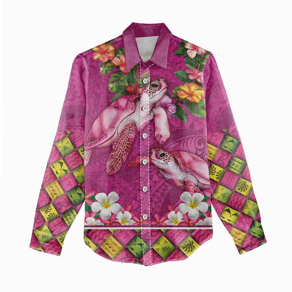 Hawaiian Lei Turtle and Plumeria Women Casual Shirt Polynerian Art Tattoo-Plum Pink Color LT03 - Polynesian Pride