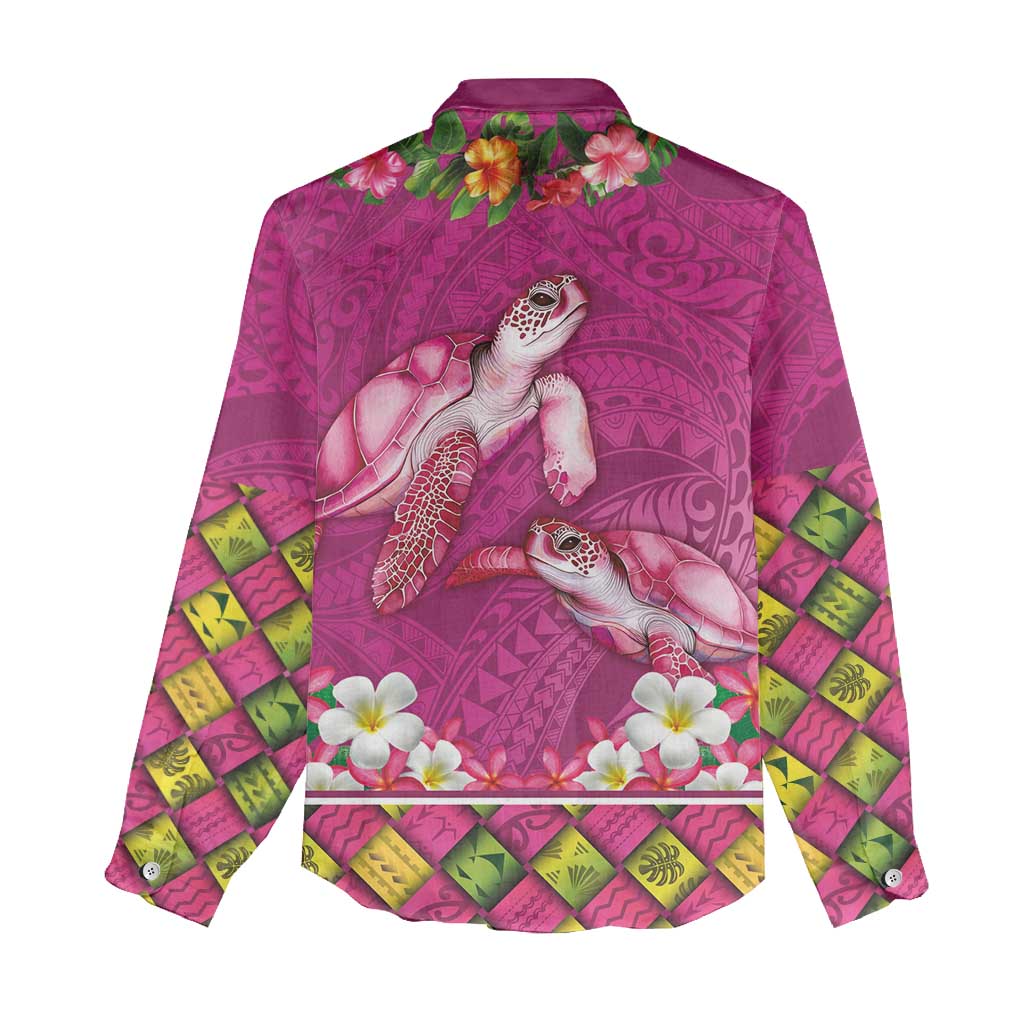 Hawaiian Lei Turtle and Plumeria Women Casual Shirt Polynerian Art Tattoo-Plum Pink Color LT03 - Polynesian Pride