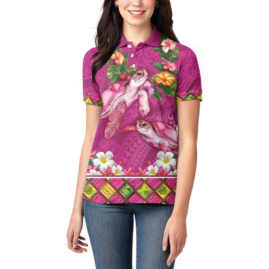 Hawaiian Lei Turtle and Plumeria Women Polo Shirt Polynerian Art Tattoo-Plum Pink Color LT03 - Polynesian Pride