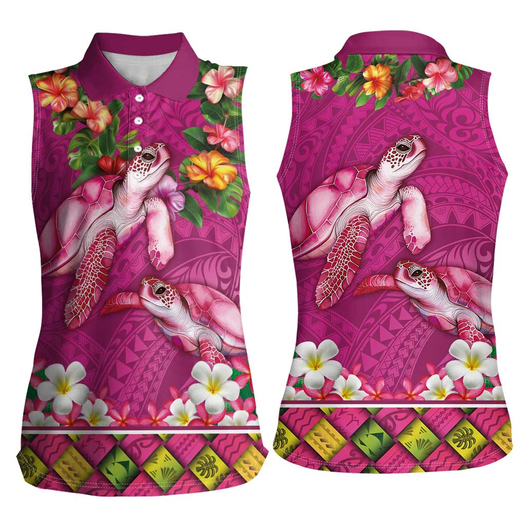 Hawaiian Lei Turtle and Plumeria Women Sleeveless Polo Shirt Polynerian Art Tattoo-Plum Pink Color LT03 - Polynesian Pride