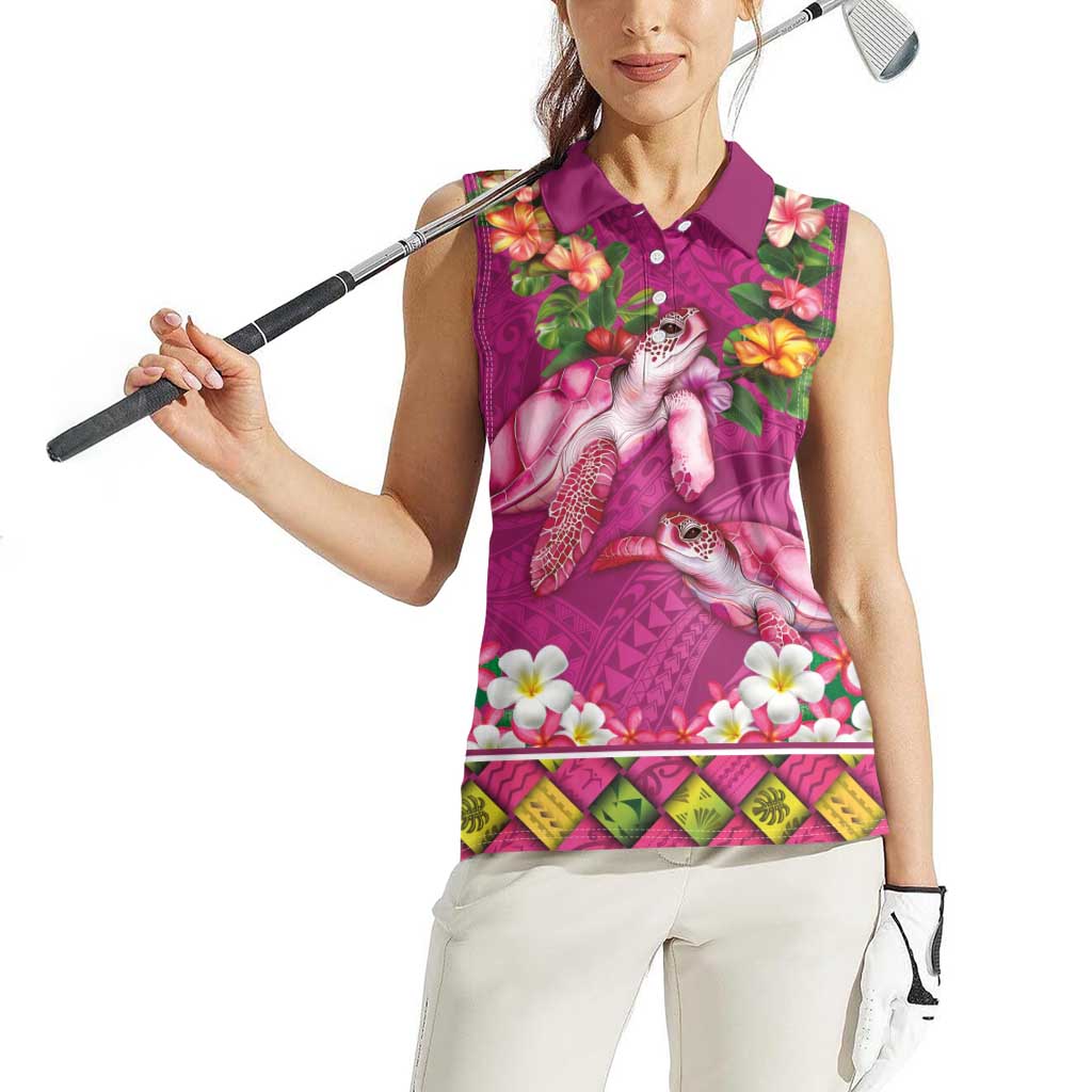 Hawaiian Lei Turtle and Plumeria Women Sleeveless Polo Shirt Polynerian Art Tattoo-Plum Pink Color LT03 - Polynesian Pride