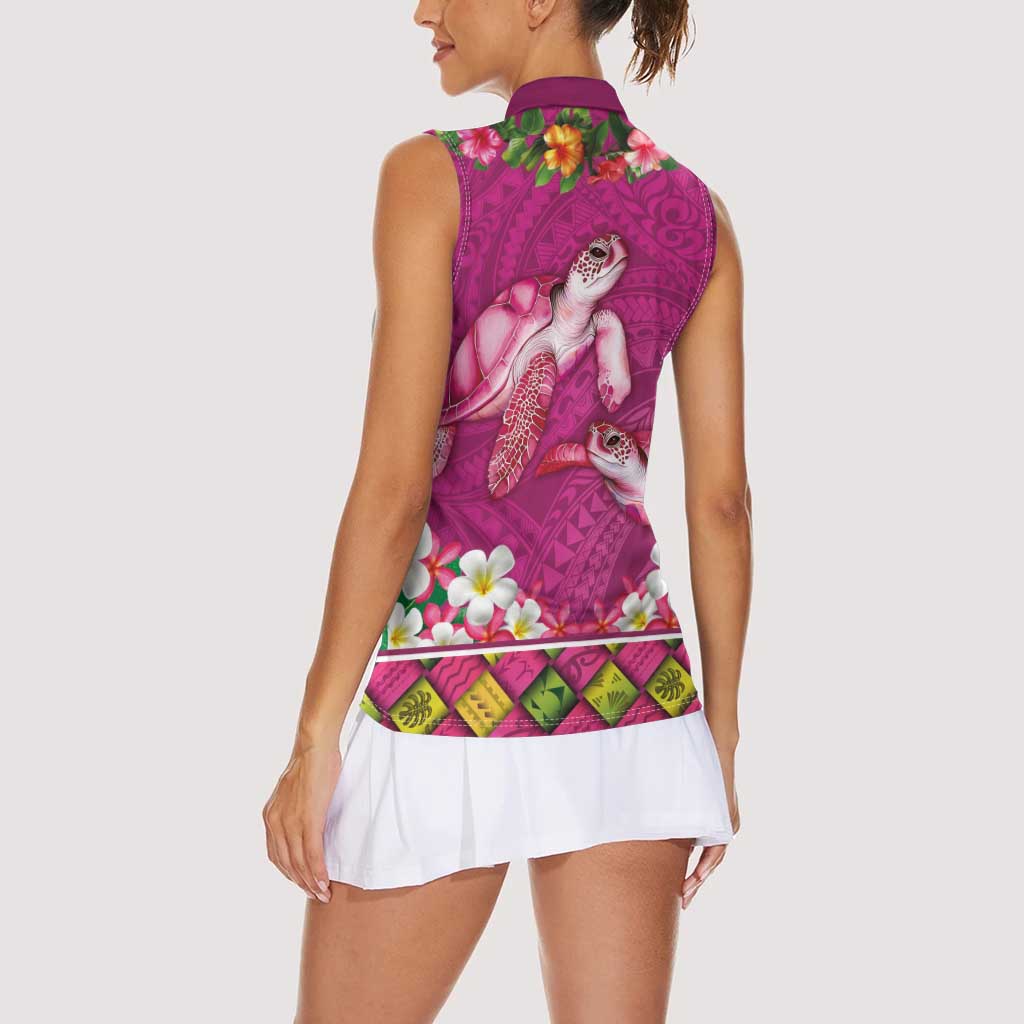 Hawaiian Lei Turtle and Plumeria Women Sleeveless Polo Shirt Polynerian Art Tattoo-Plum Pink Color LT03 - Polynesian Pride