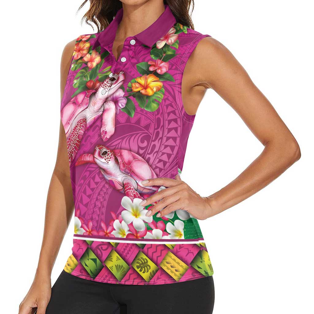Hawaiian Lei Turtle and Plumeria Women Sleeveless Polo Shirt Polynerian Art Tattoo-Plum Pink Color LT03 - Polynesian Pride