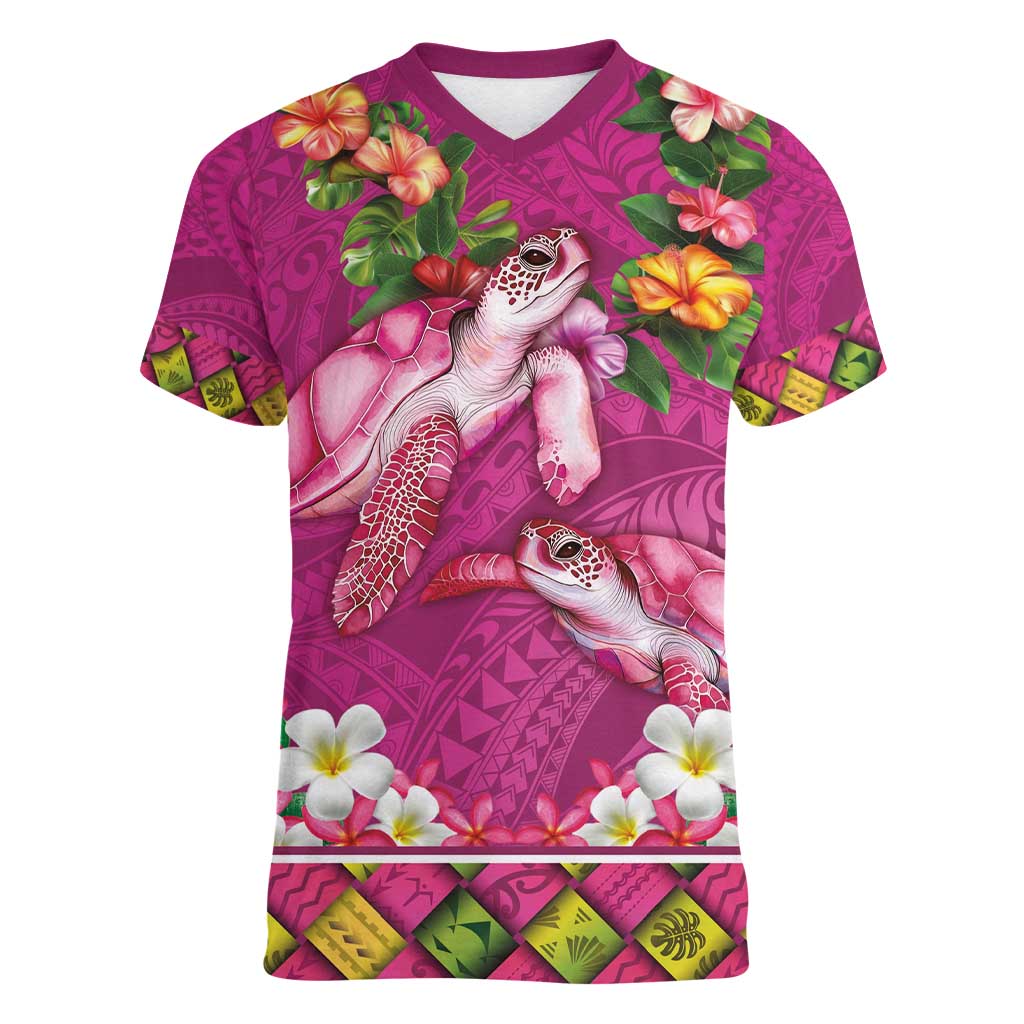 Hawaiian Lei Turtle and Plumeria Women V-Neck T-Shirt Polynerian Art Tattoo-Plum Pink Color LT03 Female Pink - Polynesian Pride