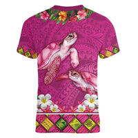 Hawaiian Lei Turtle and Plumeria Women V-Neck T-Shirt Polynerian Art Tattoo-Plum Pink Color LT03 - Polynesian Pride