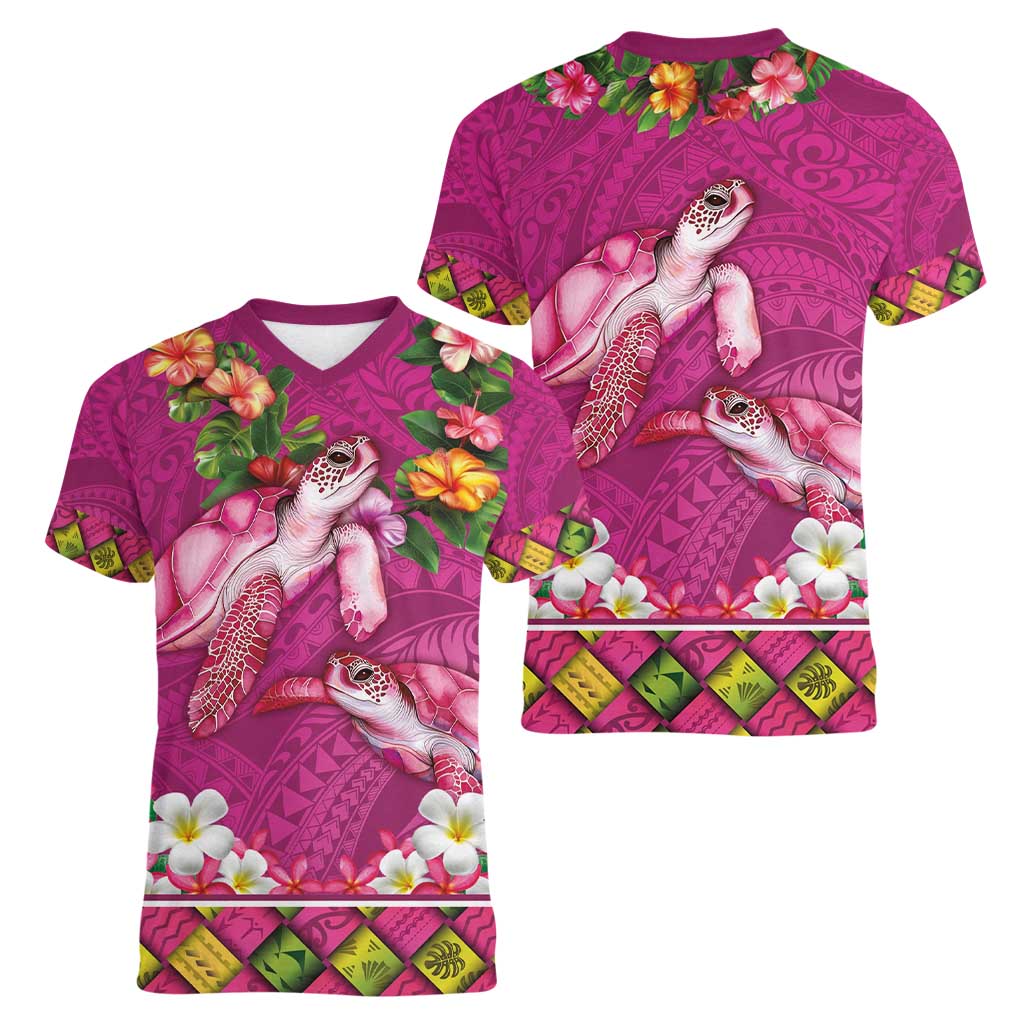 Hawaiian Lei Turtle and Plumeria Women V-Neck T-Shirt Polynerian Art Tattoo-Plum Pink Color LT03 - Polynesian Pride
