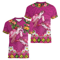 Hawaiian Lei Turtle and Plumeria Women V-Neck T-Shirt Polynerian Art Tattoo-Plum Pink Color LT03 - Polynesian Pride