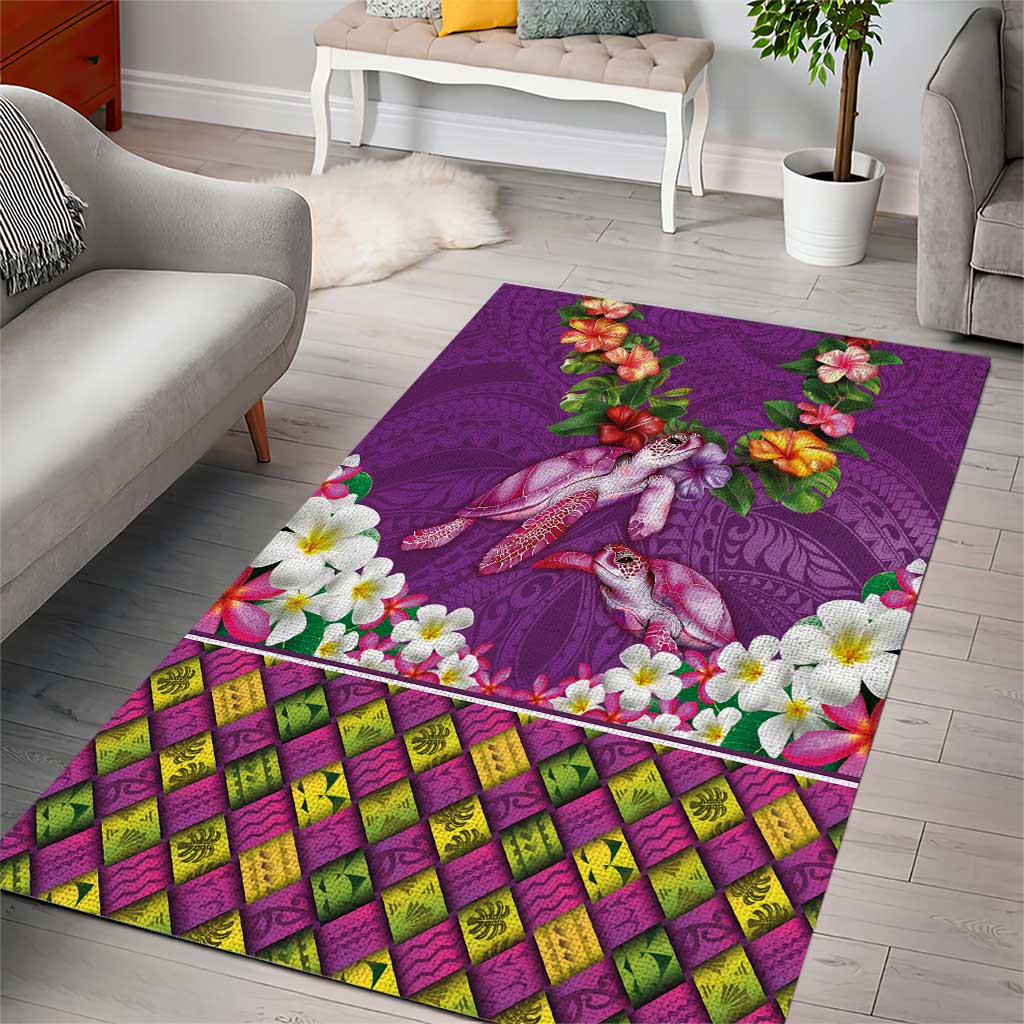 Hawaiian Lei Turtle and Plumeria Area Rug Polynerian Art Tattoo-Mauve Color