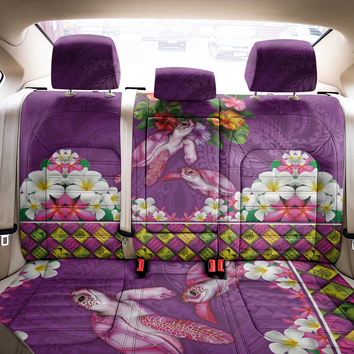 Hawaiian Lei Turtle and Plumeria Back Car Seat Cover Polynerian Art Tattoo-Mauve Color LT03 - Polynesian Pride
