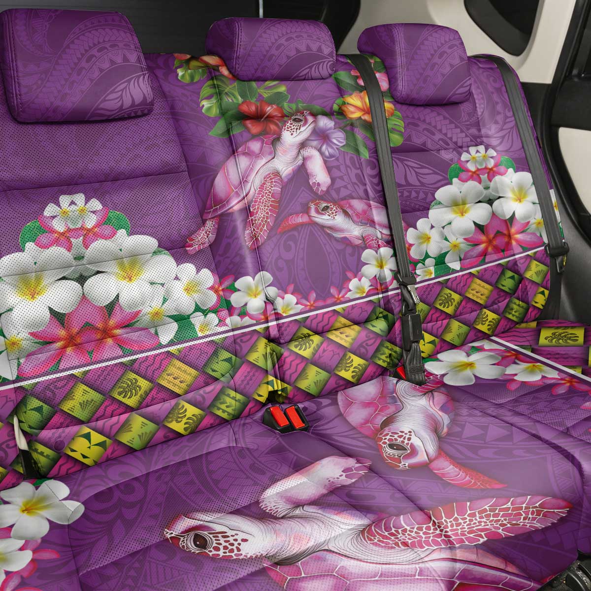 Hawaiian Lei Turtle and Plumeria Back Car Seat Cover Polynerian Art Tattoo-Mauve Color LT03 - Polynesian Pride