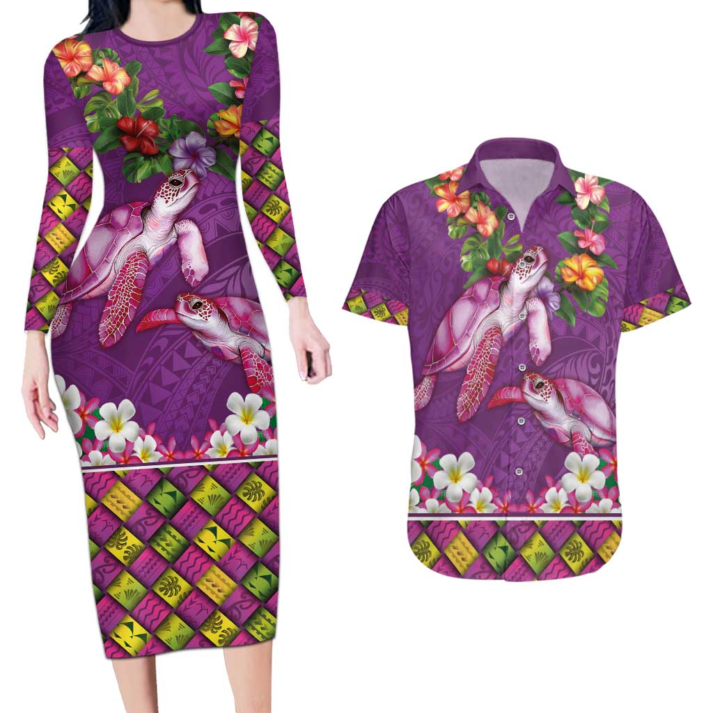 Hawaiian Lei Turtle and Plumeria Couples Matching Long Sleeve Bodycon Dress and Hawaiian Shirt Polynerian Art Tattoo-Mauve Color LT03 Purple - Polynesian Pride