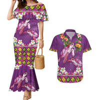 Hawaiian Lei Turtle and Plumeria Couples Matching Mermaid Dress and Hawaiian Shirt Polynerian Art Tattoo-Mauve Color LT03 Purple - Polynesian Pride
