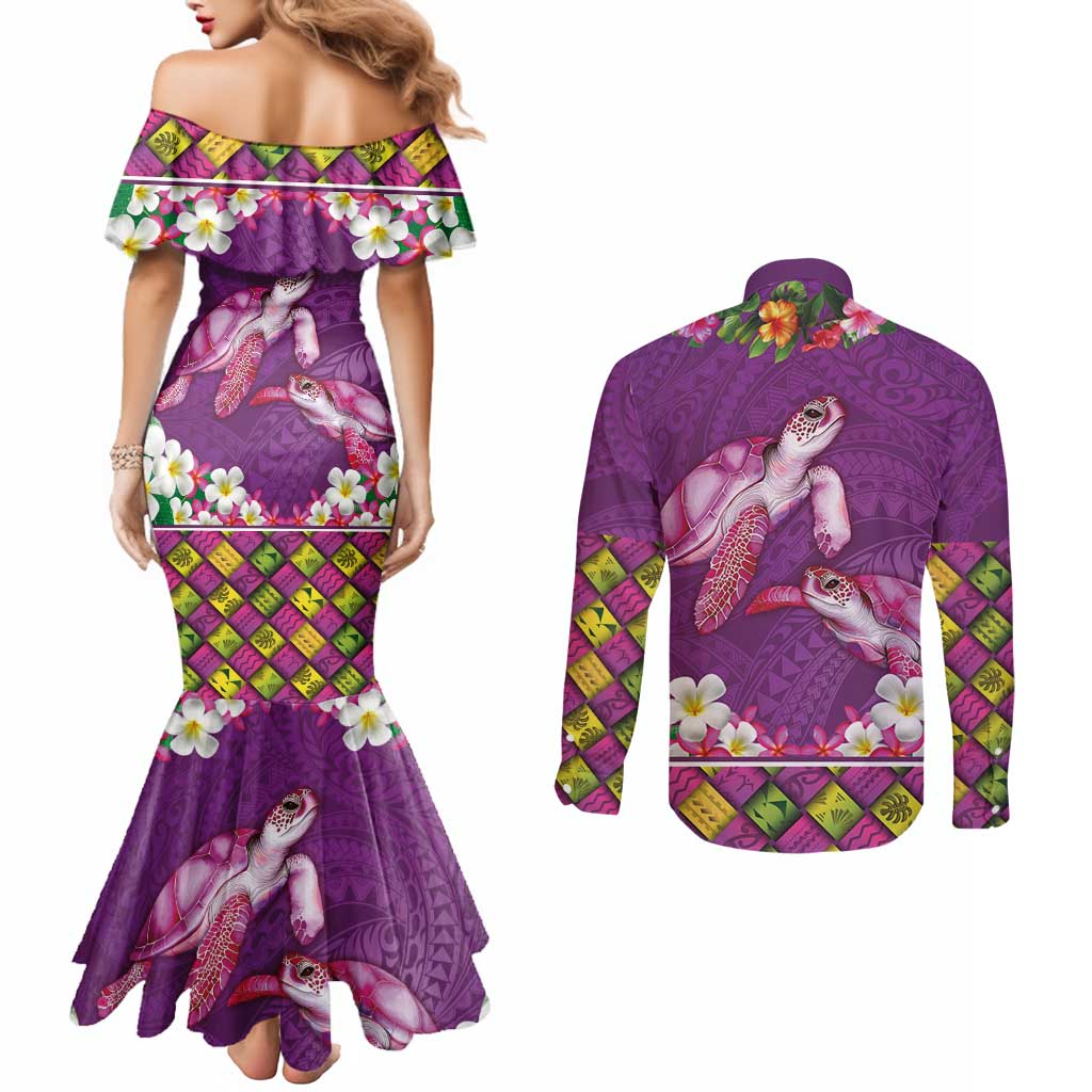 Hawaiian Lei Turtle and Plumeria Couples Matching Mermaid Dress and Long Sleeve Button Shirt Polynerian Art Tattoo-Mauve Color LT03 - Polynesian Pride
