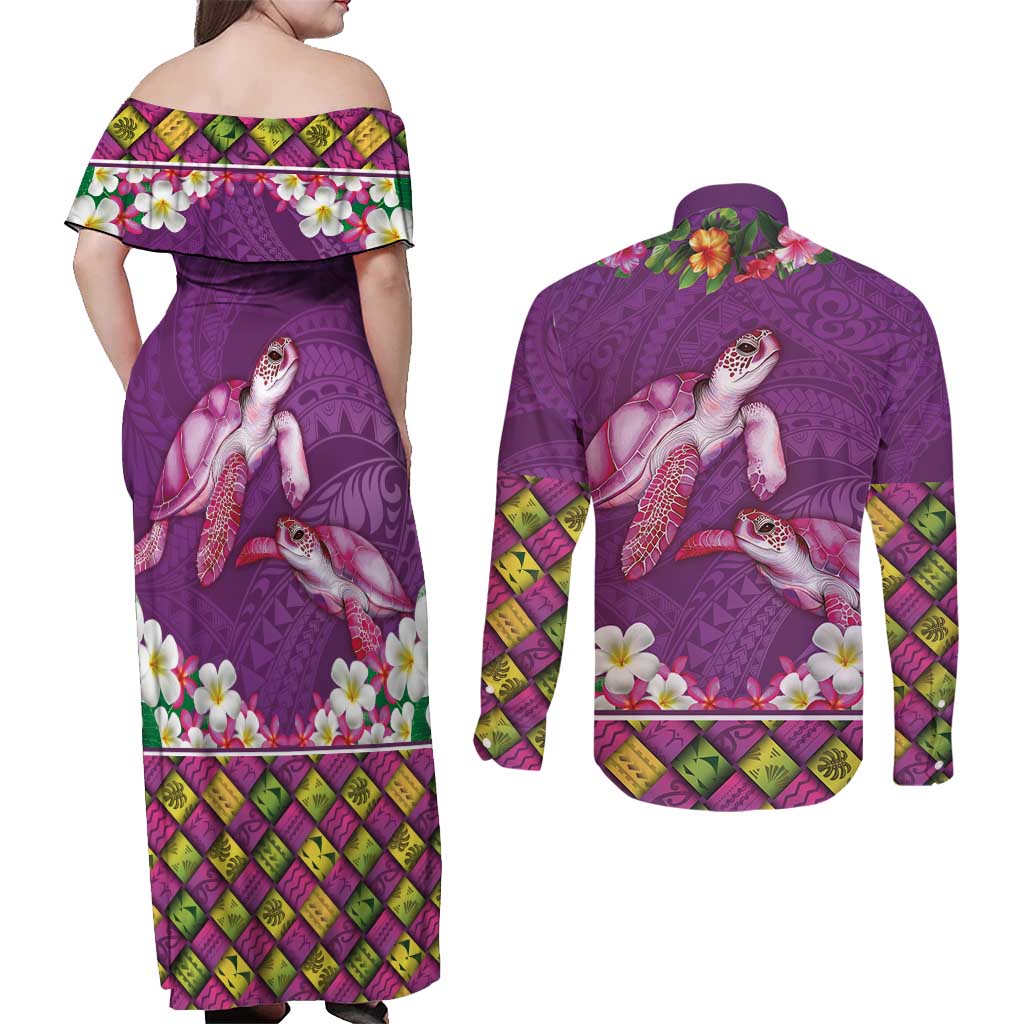 Hawaiian Lei Turtle and Plumeria Couples Matching Off Shoulder Maxi Dress and Long Sleeve Button Shirt Polynerian Art Tattoo-Mauve Color LT03 - Polynesian Pride