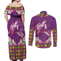 Hawaiian Lei Turtle and Plumeria Couples Matching Off Shoulder Maxi Dress and Long Sleeve Button Shirt Polynerian Art Tattoo-Mauve Color LT03 - Polynesian Pride