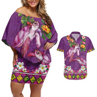 Hawaiian Lei Turtle and Plumeria Couples Matching Off Shoulder Short Dress and Hawaiian Shirt Polynerian Art Tattoo-Mauve Color LT03 Purple - Polynesian Pride