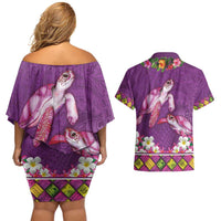 Hawaiian Lei Turtle and Plumeria Couples Matching Off Shoulder Short Dress and Hawaiian Shirt Polynerian Art Tattoo-Mauve Color LT03 - Polynesian Pride