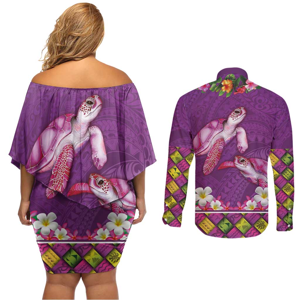 Hawaiian Lei Turtle and Plumeria Couples Matching Off Shoulder Short Dress and Long Sleeve Button Shirt Polynerian Art Tattoo-Mauve Color LT03 - Polynesian Pride