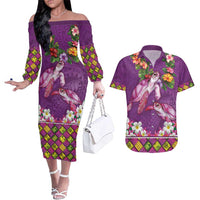 Hawaiian Lei Turtle and Plumeria Couples Matching Off The Shoulder Long Sleeve Dress and Hawaiian Shirt Polynerian Art Tattoo-Mauve Color LT03 Purple - Polynesian Pride