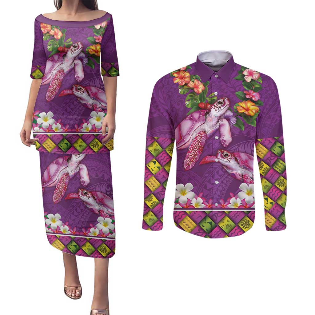 Hawaiian Lei Turtle and Plumeria Couples Matching Puletasi and Long Sleeve Button Shirt Polynerian Art Tattoo-Mauve Color