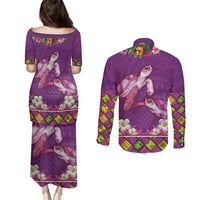 Hawaiian Lei Turtle and Plumeria Couples Matching Puletasi and Long Sleeve Button Shirt Polynerian Art Tattoo-Mauve Color LT03 - Polynesian Pride