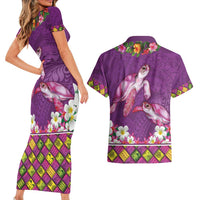 Hawaiian Lei Turtle and Plumeria Couples Matching Short Sleeve Bodycon Dress and Hawaiian Shirt Polynerian Art Tattoo-Mauve Color LT03 - Polynesian Pride
