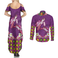 Hawaiian Lei Turtle and Plumeria Couples Matching Summer Maxi Dress and Long Sleeve Button Shirt Polynerian Art Tattoo-Mauve Color LT03 - Polynesian Pride
