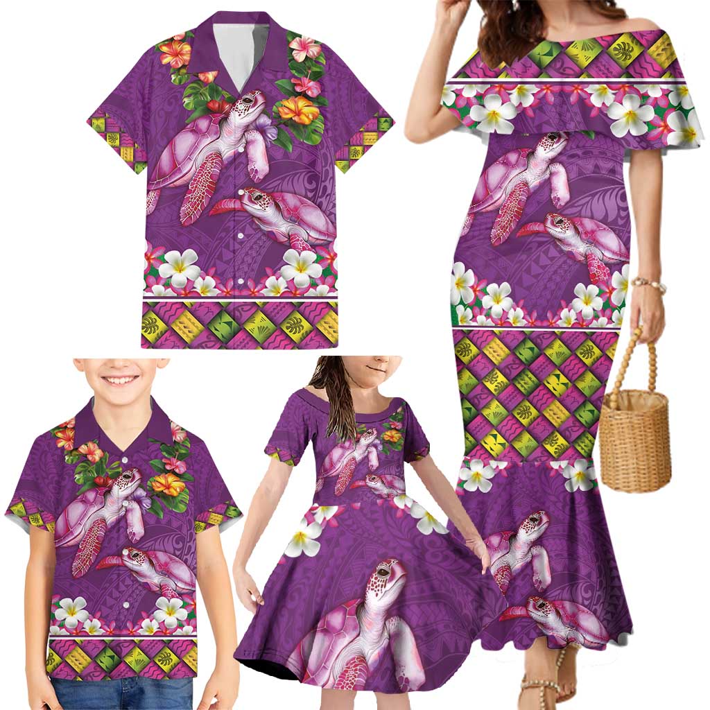 Hawaiian Lei Turtle and Plumeria Family Matching Mermaid Dress and Hawaiian Shirt Polynerian Art Tattoo-Mauve Color LT03 - Polynesian Pride