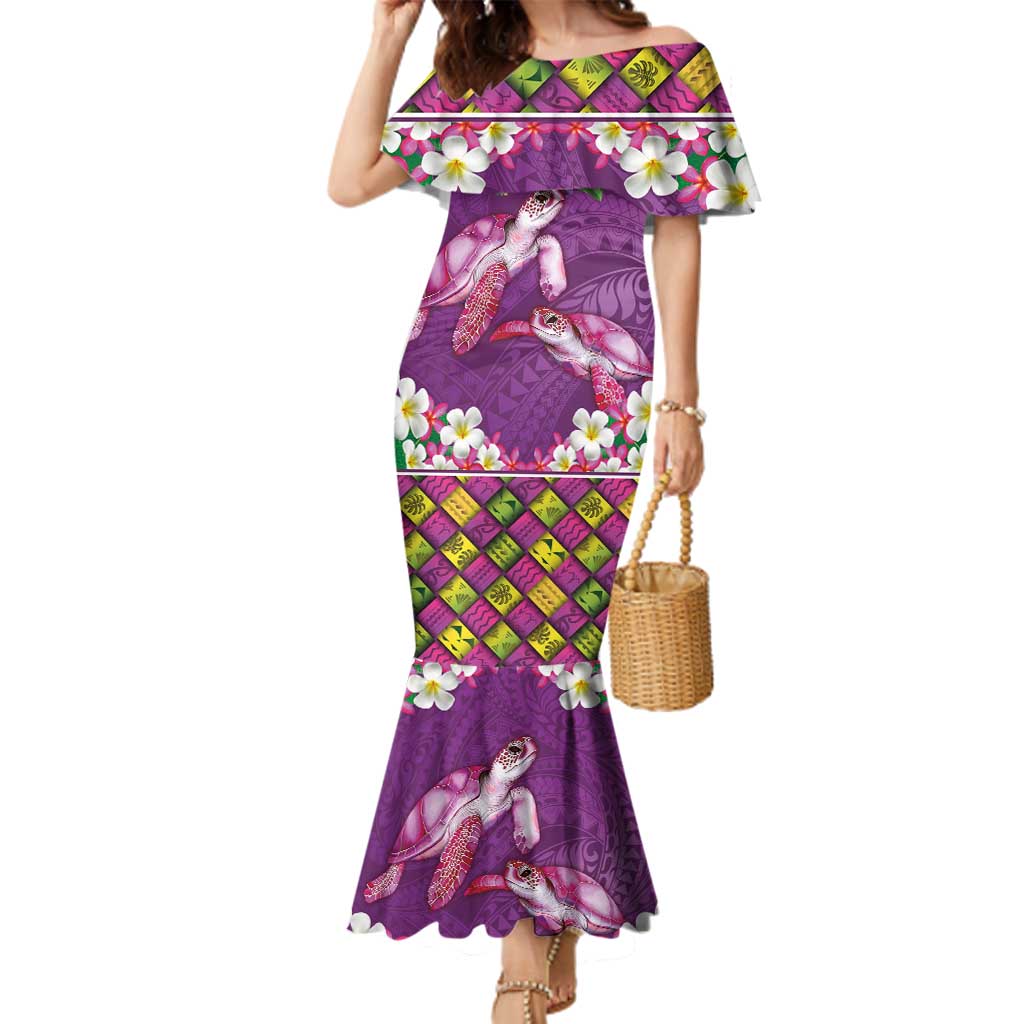 Hawaiian Lei Turtle and Plumeria Family Matching Mermaid Dress and Hawaiian Shirt Polynerian Art Tattoo-Mauve Color LT03 Mom's Dress Purple - Polynesian Pride