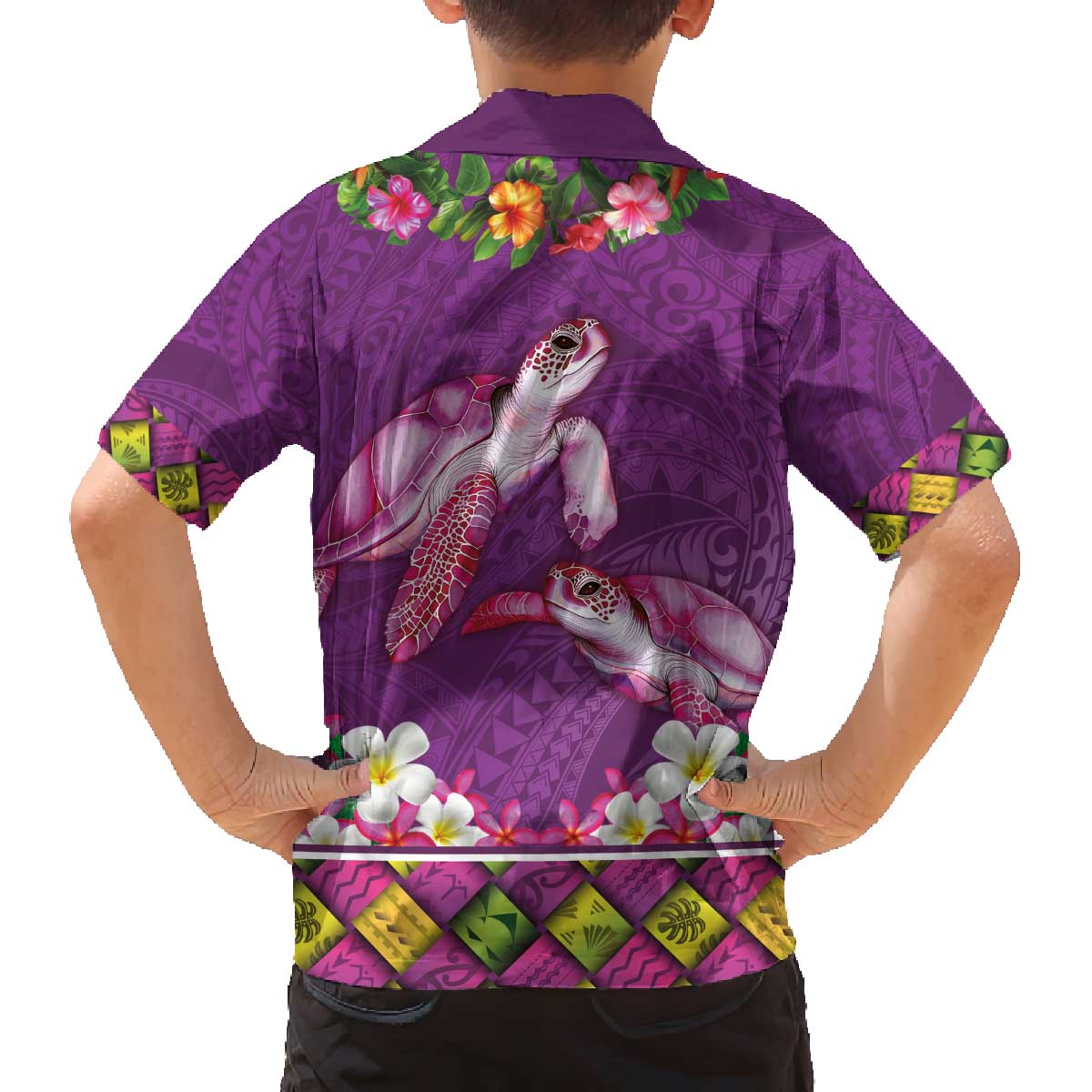 Hawaiian Lei Turtle and Plumeria Family Matching Off The Shoulder Long Sleeve Dress and Hawaiian Shirt Polynerian Art Tattoo-Mauve Color LT03 - Polynesian Pride