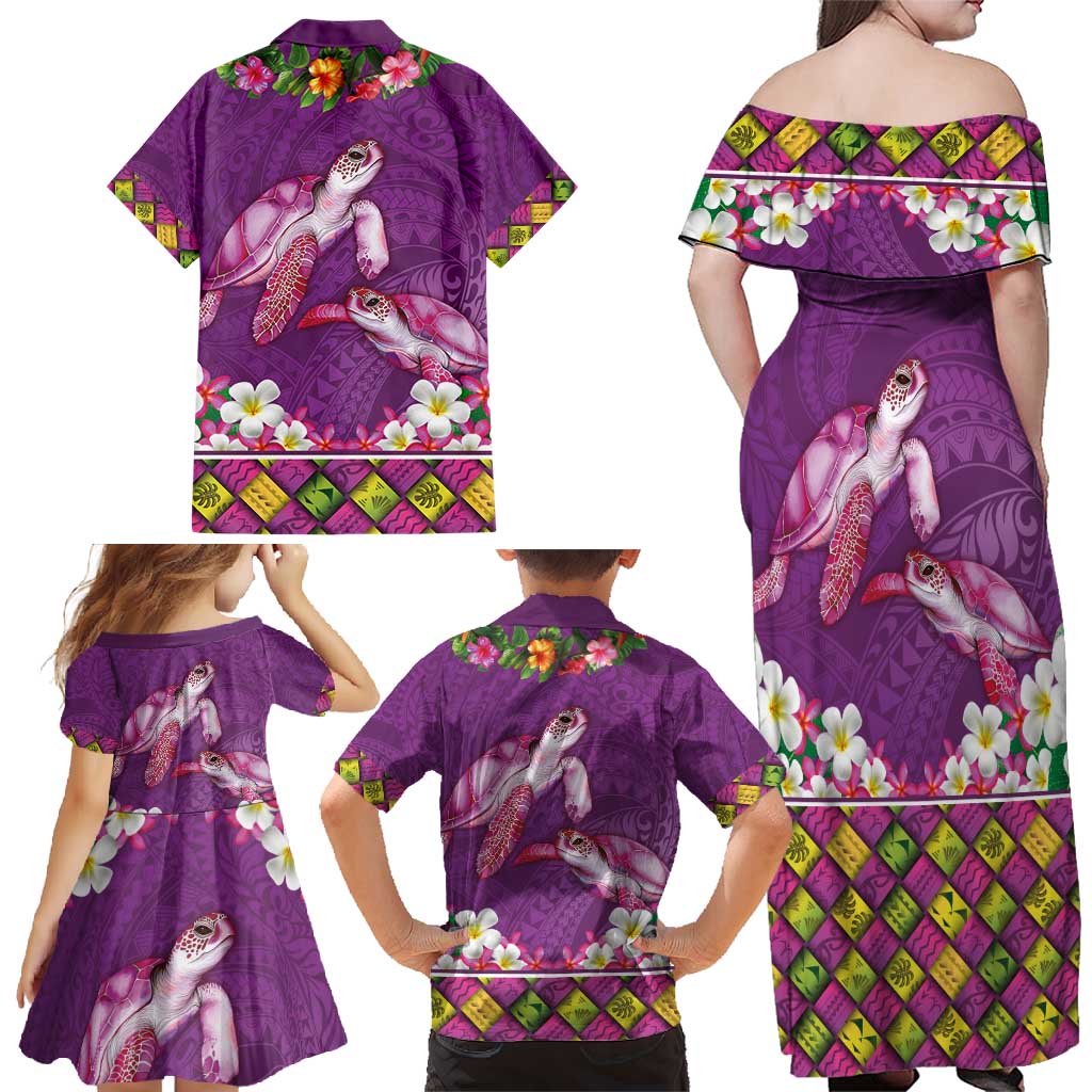 Hawaiian Lei Turtle and Plumeria Family Matching Off Shoulder Maxi Dress and Hawaiian Shirt Polynerian Art Tattoo-Mauve Color LT03 - Polynesian Pride
