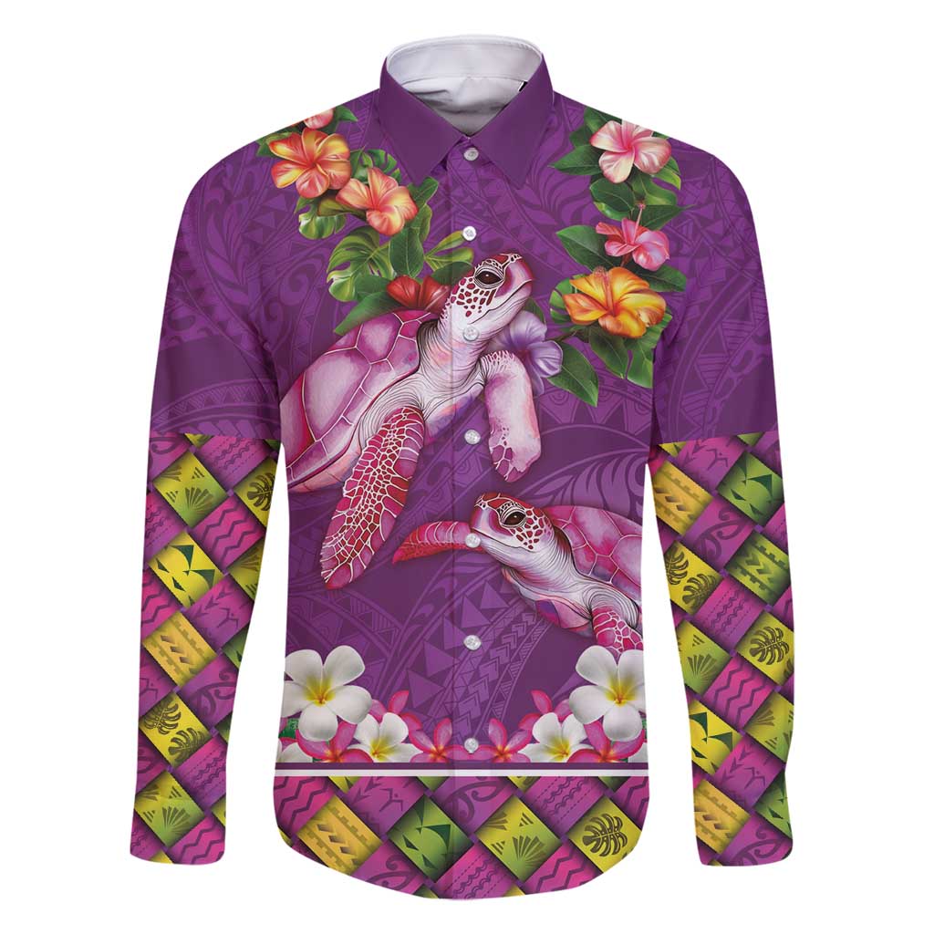 Hawaiian Lei Turtle and Plumeria Family Matching Off Shoulder Maxi Dress and Hawaiian Shirt Polynerian Art Tattoo-Mauve Color LT03 Dad's Shirt - Long Sleeve Purple - Polynesian Pride