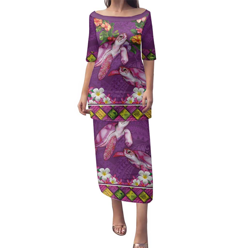 Hawaiian Lei Turtle and Plumeria Family Matching Puletasi and Hawaiian Shirt Polynerian Art Tattoo-Mauve Color LT03 Mom's Dress Purple - Polynesian Pride